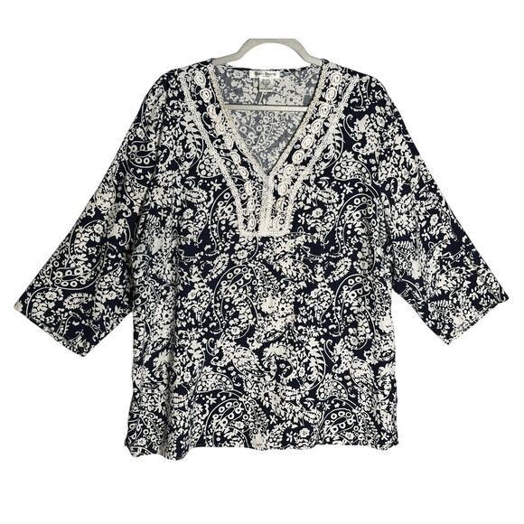 Susan Bristol Sz 2X Linen Blend 3/4 Sleeve Paisley Top Blouse Embroidered V-Neck - Picture 1 of 9